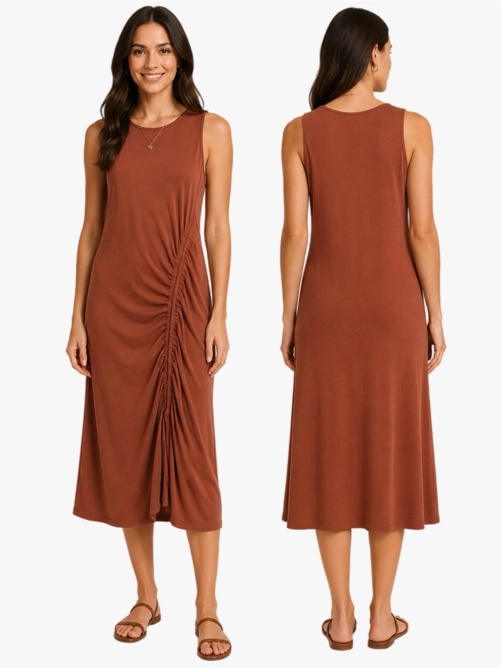 LOFT Ruched Sleeveless Midi Dress Rust Brown Women’s Small Petite SP